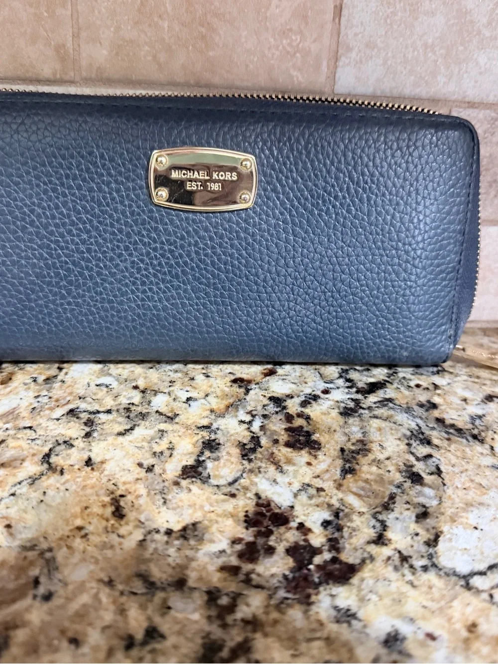 Michael Kors Navy Pebbled Leather Zip Wristlet Phone Wallet with Gold Plate